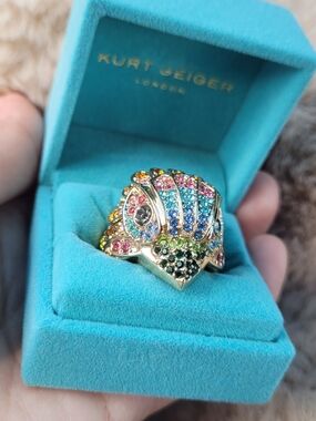 Kurt Geiger Multicolor Crystal Head Eagle Heavy Statement Ring - Gold Size 9